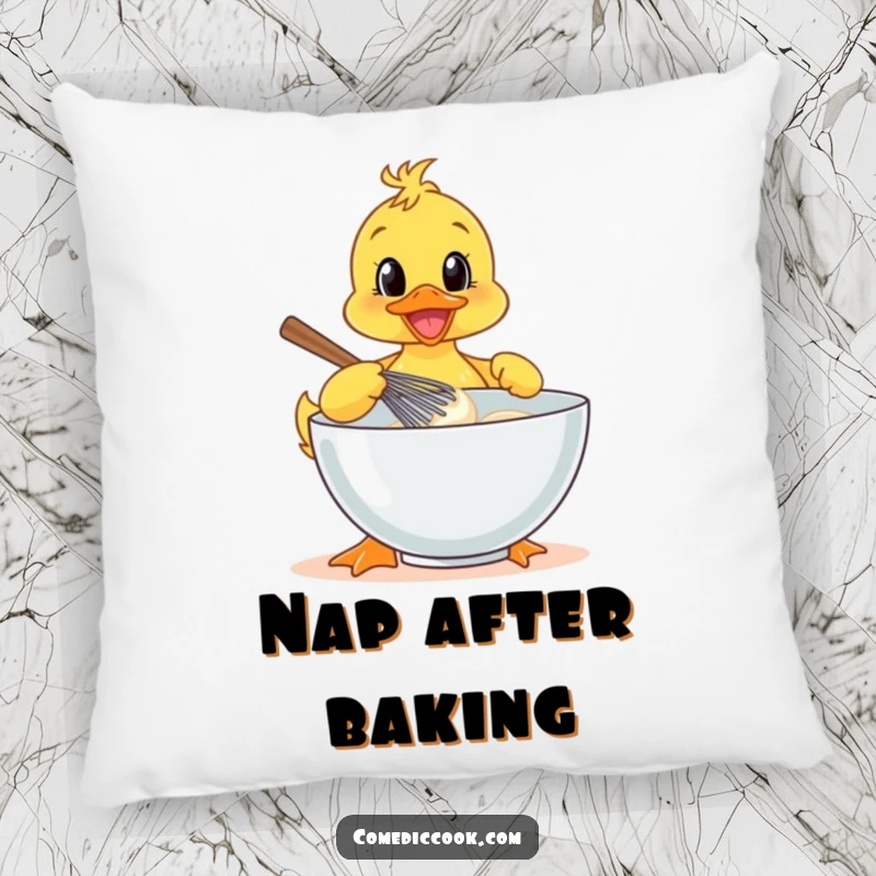 Funny cheerful duckling whisking batter on a pillow, cute and cozy home decor, funny baking gift.
