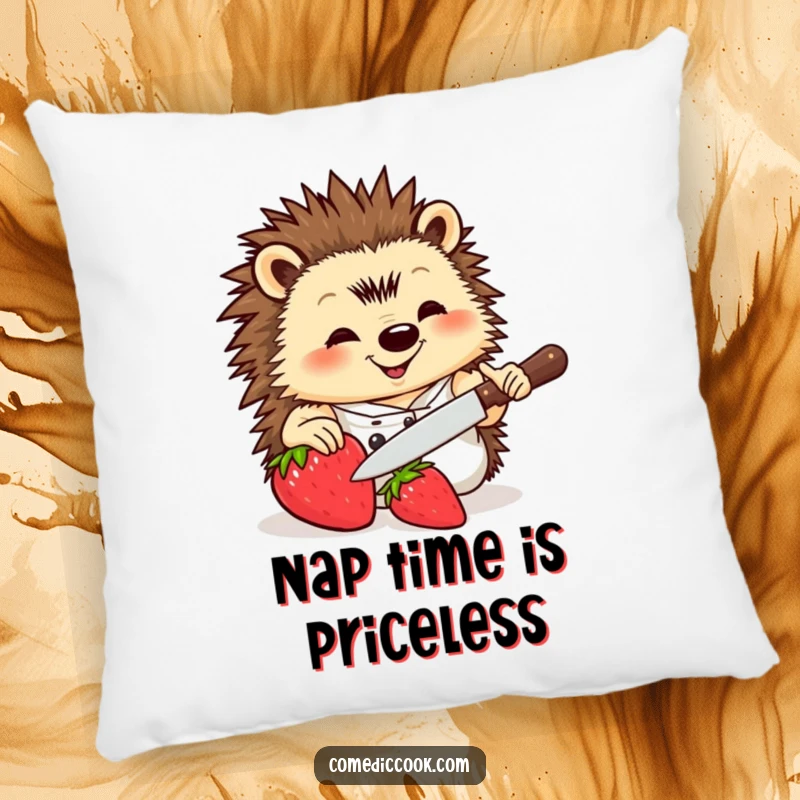 Funny Hedgehog Chef Pillow showcasing a meticulous hedgehog chef preparing a strawberry with a small knife, offering plush comfort and humor.