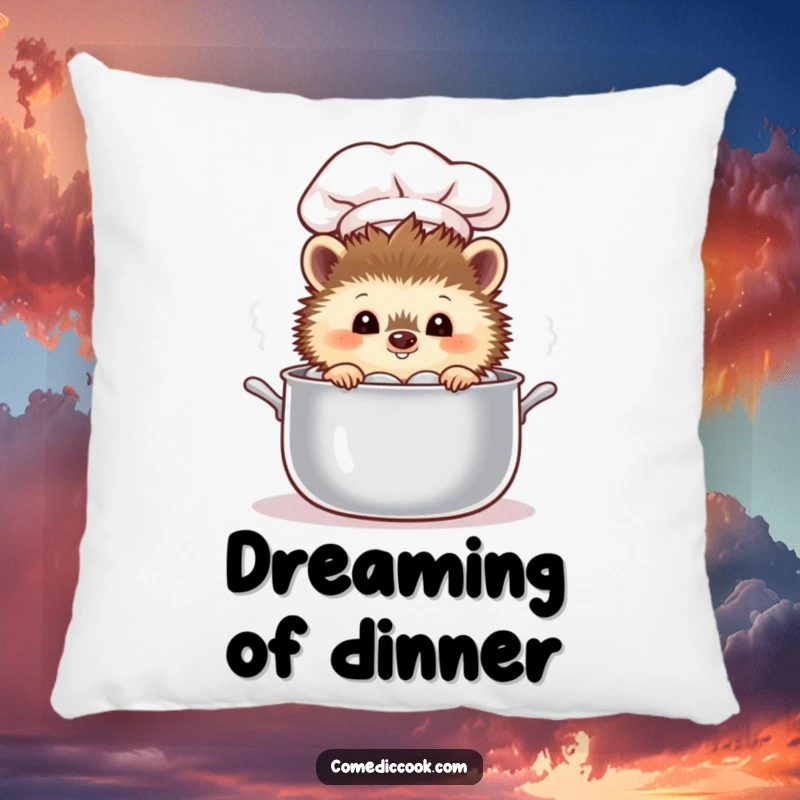 Funny curious hedgehog chef peeking into a steaming pot, designed as a soft and humorous accent pillow.