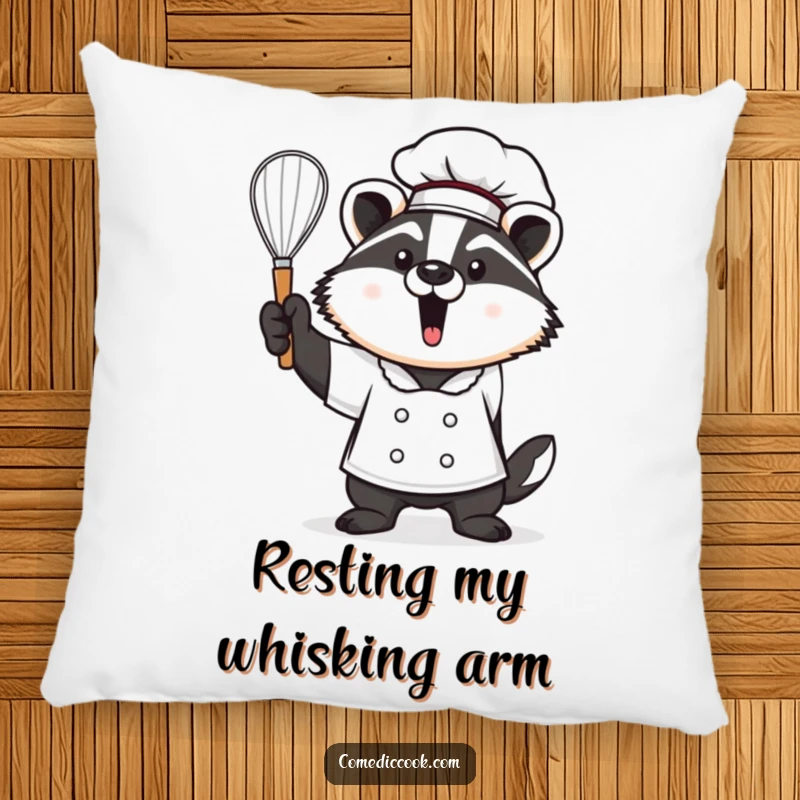 Funny Kawaii badger chef pillow, showing a proud cute badger holding a whisk aloft. Soft, decorative cushion and a lovely funny gift.