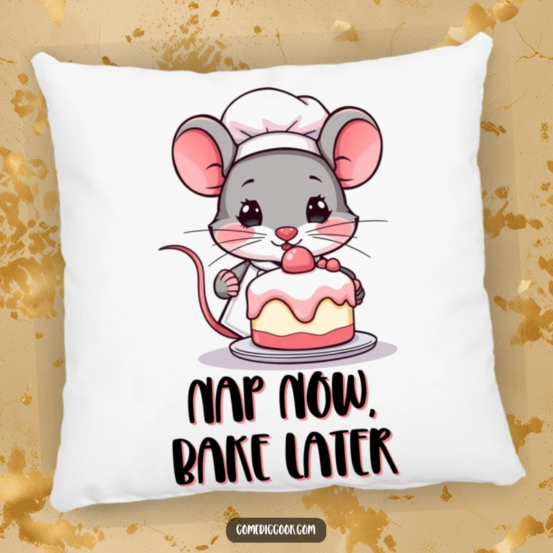 Funny Kawaii mouse chef pillow, featuring a determined cute mouse with a miniature cake. Soft, decorative cushion and a lovely funny gift.
