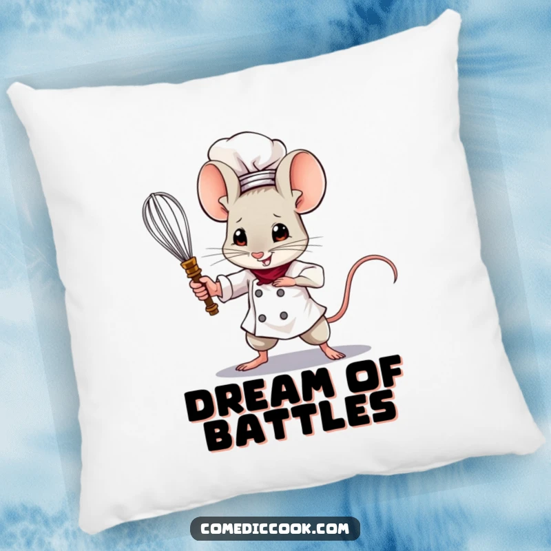 Funny Mouse Chef Pillow featuring a brave mouse wielding a tiny whisk like a sword, a soft, cuddly, and humorous decorative item.
