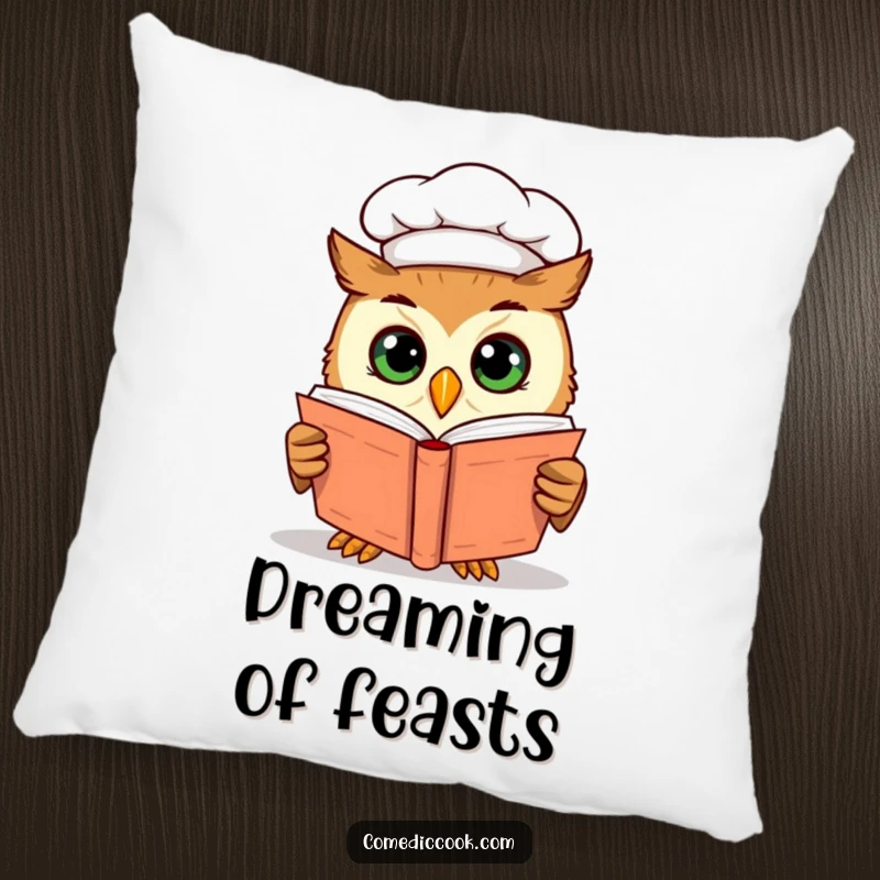 Funny owl chef character, peering into a cookbook, featured on a soft, decorative pillow for a cozy, humorous touch.