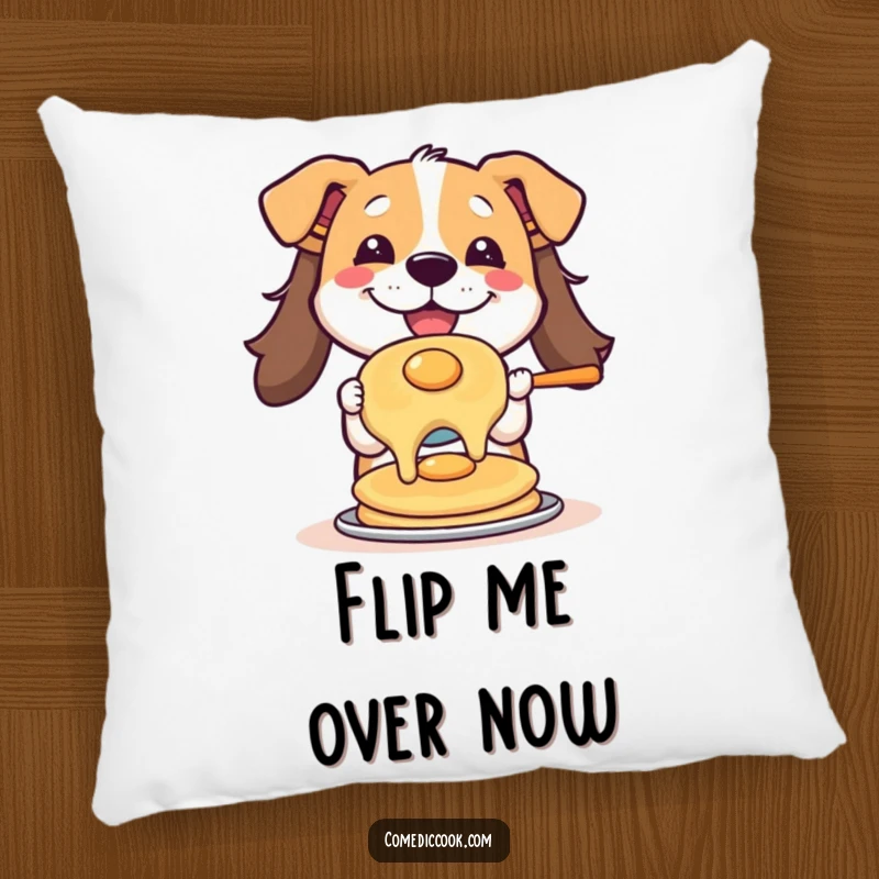 Funny pillow with a contented dog flipping a pancake, offering comfort and a humorous visual for sofas and beds, perfect for dog lovers.