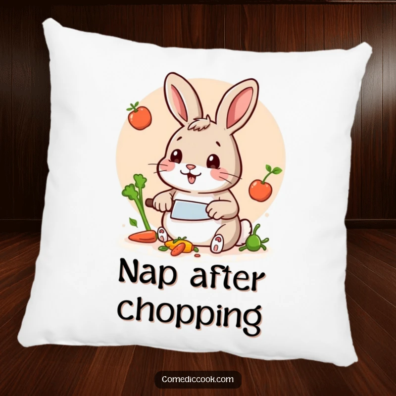 Funny Rabbit Chef Pillow: A soft decorative pillow featuring a funny rabbit chef chopping vegetables, adding comfort and humor to any living space.