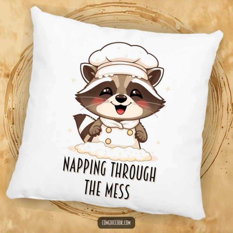 Funny Raccoon Chef Pillow: A soft pillow featuring a raccoon chef comically covered in flour, with a big giggle.