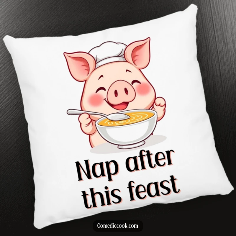 Funny Pig Chef Pillow: A smiling pig chef tastes soup with a tiny spoon, a soft and funny decorative accent.