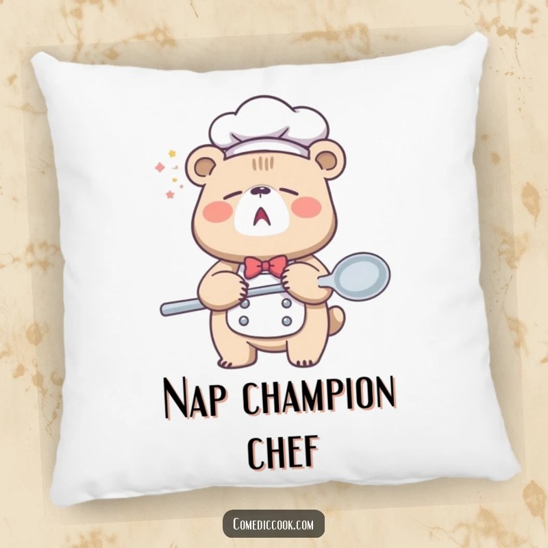 Funny Sleepy Bear Chef Pillow featuring a yawning bear holding a giant spoon, a soft, cuddly, and humorous decorative item.