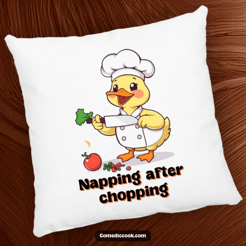 Funny Duck Chef Pillow: A bouncing duck chef chops vegetables, a soft and hilarious decorative accent.
