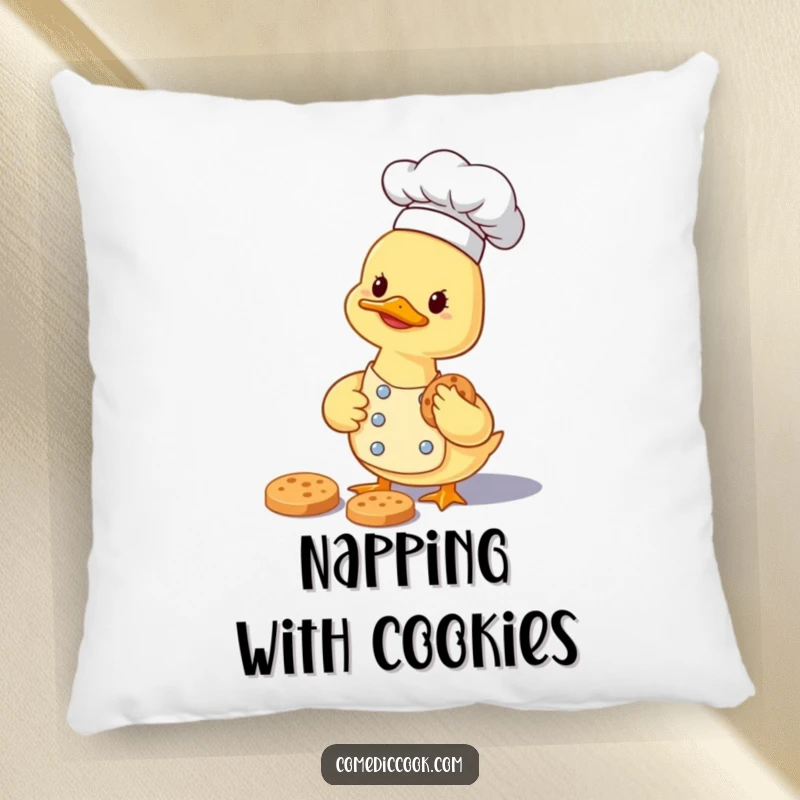 Funny smiling duckling chef carefully gathering a tiny cookie, designed as a soft and humorous accent pillow.