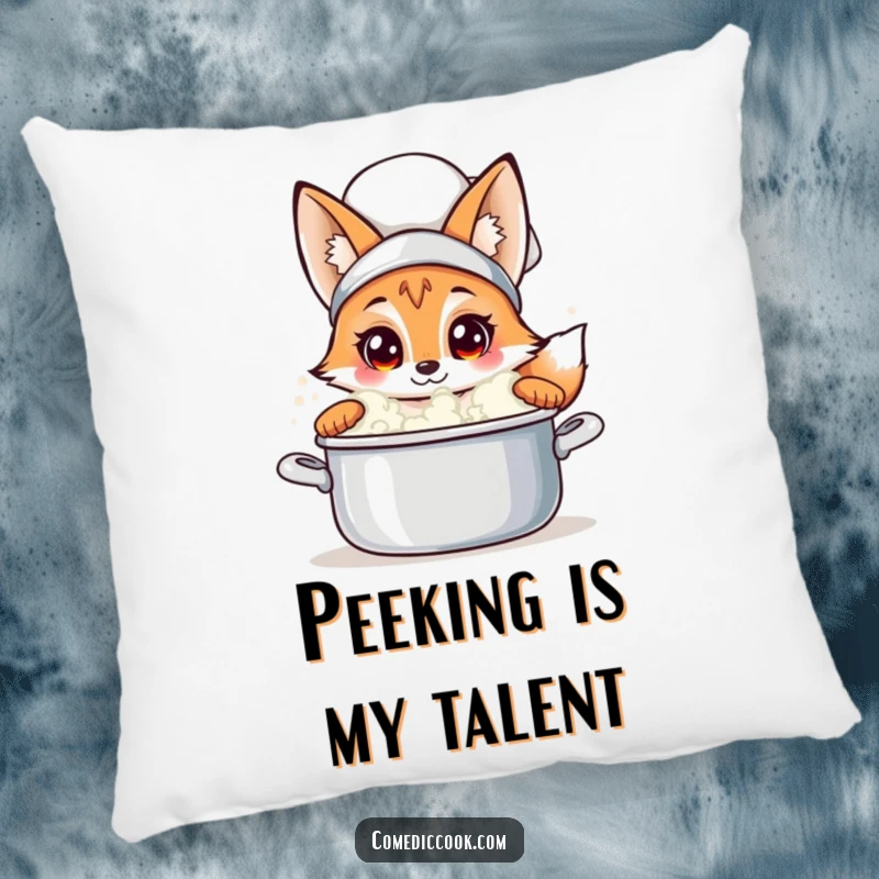 Funny fox chef pillow featuring a curious fox peeking into a bubbling pot, offering comfort and a touch of playful mystery.