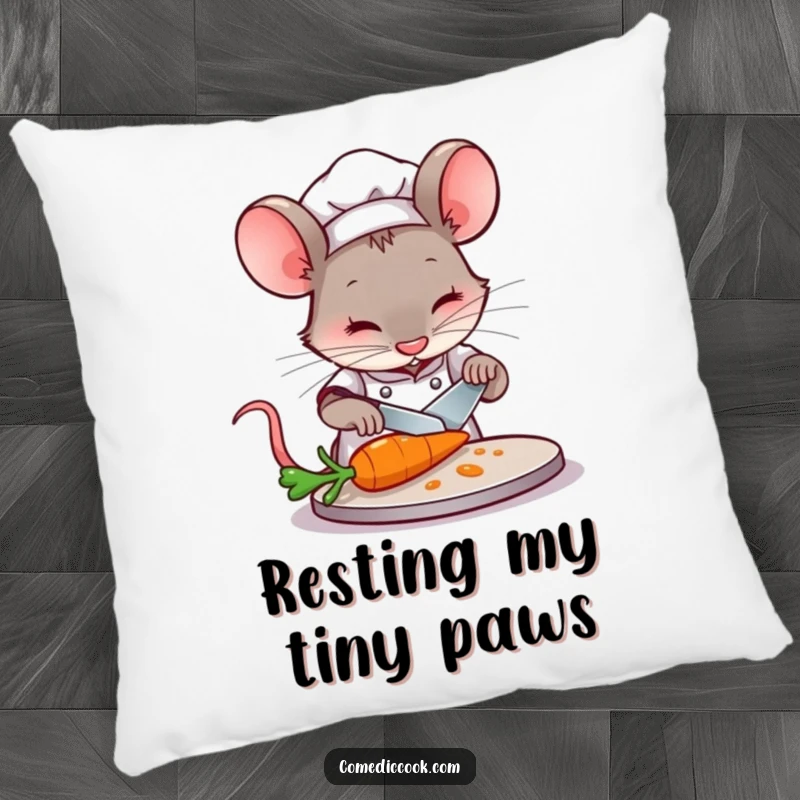 Funny Mouse Chef Pillow: A concentrated mouse chef slices a carrot, a soft and hilarious decorative accent.