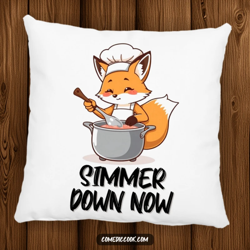 Funny fox chef character, wearing an apron and stirring a pot, featured on a soft, decorative pillow for a cozy, humorous touch.