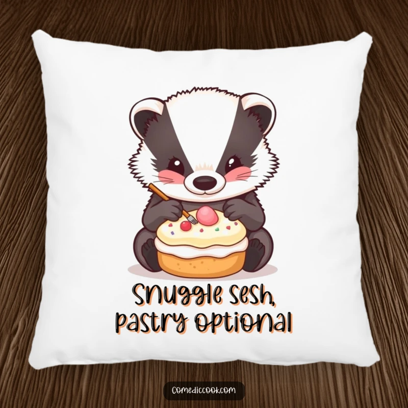 Funny Badger Decorator Pillow showcasing a badger carefully decorating a pastry, adding comfort and charm.