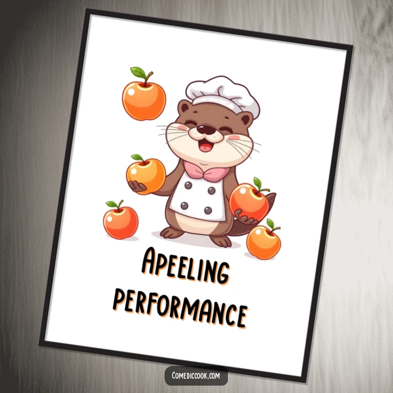 Funny happy otter chef juggling three shiny apples, offered as a humorous digital art print.