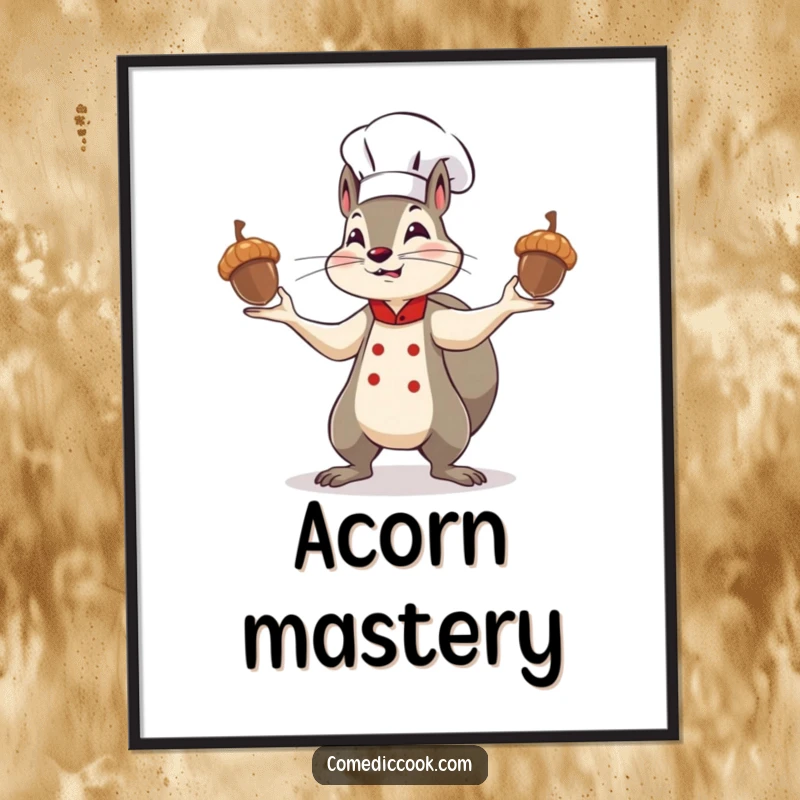 Funny squirrel chef digital art print, a determined character artistically juggling shiny acorns, ideal for printable wall decor with a nutty theme.