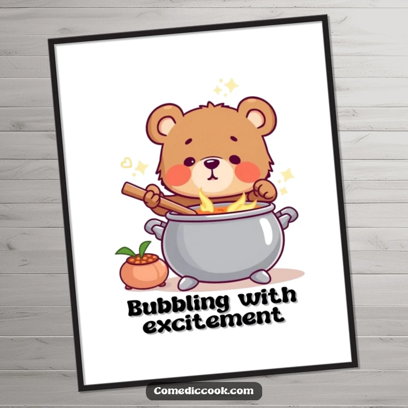 Funny Bear Cub Chef Digital Art Print of a bear cub stirring soup, bringing warmth and charm instantly.