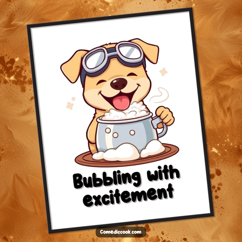 Funny digital art print of a dog wearing goggles enthusiastically tasting a bubbling pot, offering humorous adventure and scientific curiosity for wall decor.