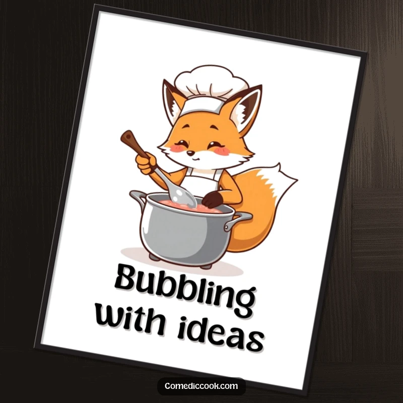 Funny, determined fox chef in an apron, playfully stirring a bubbling pot with a ladle, captured in a high-resolution digital art print.
