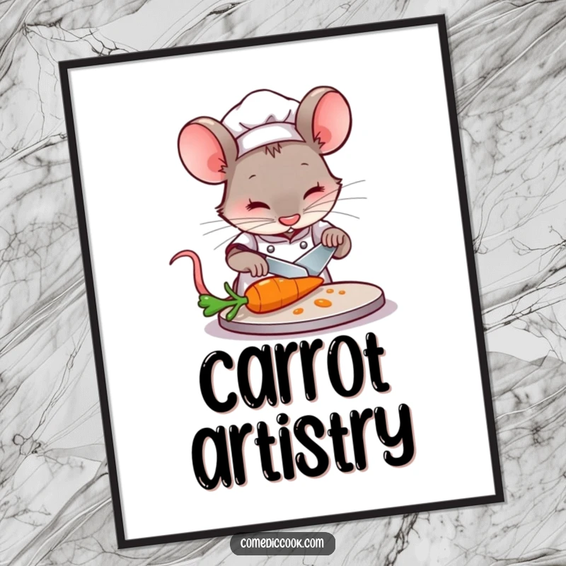 Funny Mouse Chef Digital Art Print: A concentrated mouse chef slices a carrot, a humorous and detailed wall art download.