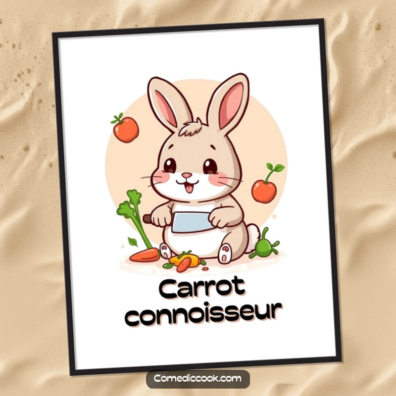 Funny Rabbit Chef Digital Art: High-quality printable art of a rabbit chef chopping vegetables with a tiny knife, offering a funny and appealing kitchen theme.