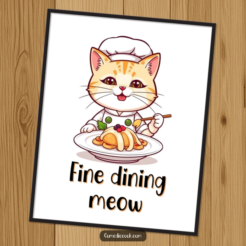 Funny cat chef digital art print, a determined kitten chef proudly showcases a plated meal, adding artistic culinary humor to any space.