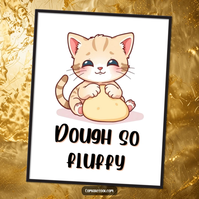 Funny kitten digital art print of a playful kitten gracefully kneading dough with tiny paws, for instant wall decor.
