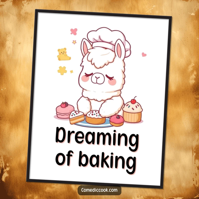 Funny Alpaca Chef Digital Art: High-resolution artwork of a sleepy alpaca chef dreaming of delicious pastries.