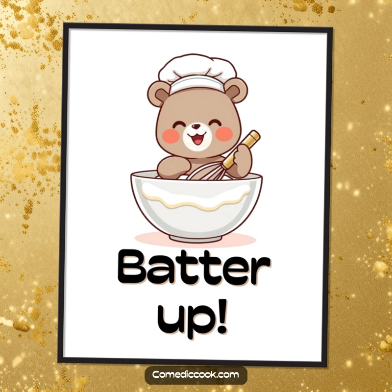 Funny bear chef digital art print of a tiny bear whisking batter, perfect for immediate download and humorous wall decor.