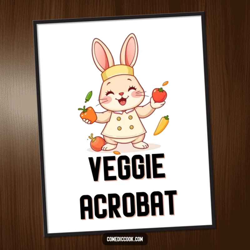 Funny bunny chef digital art print of a cute bunny juggling miniature vegetables, perfect for immediate download and humorous wall decor.