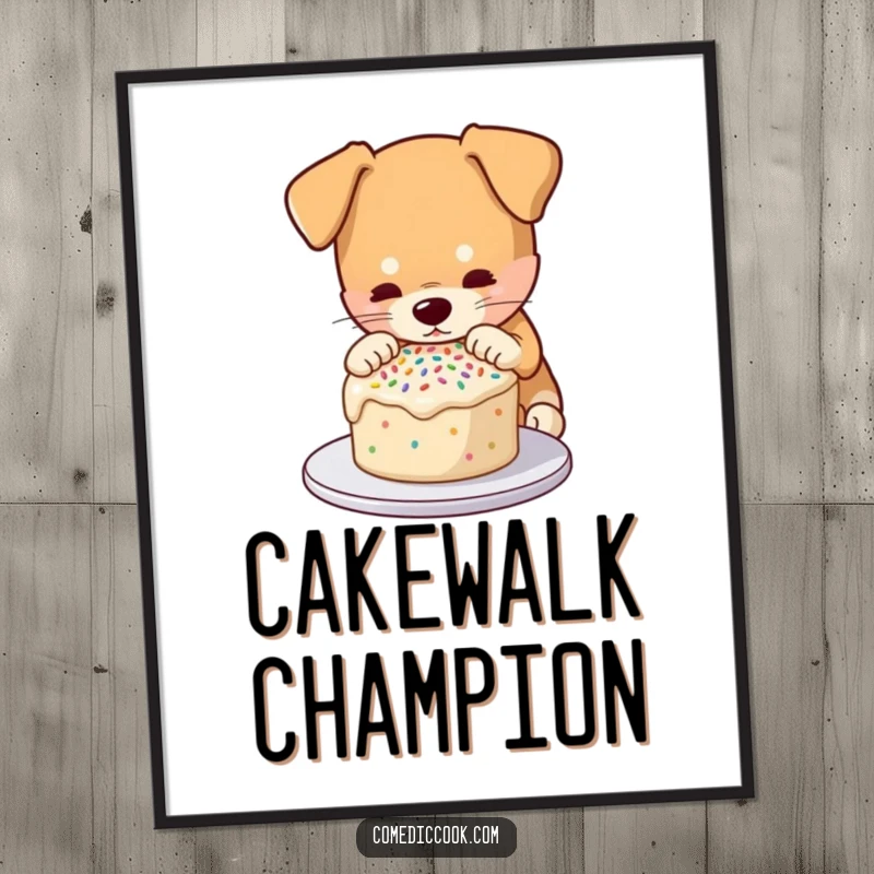 Funny digital art print of a dog meticulously decorating a small cake with sprinkles, offering sweet charm and humorous appeal for wall decor.
