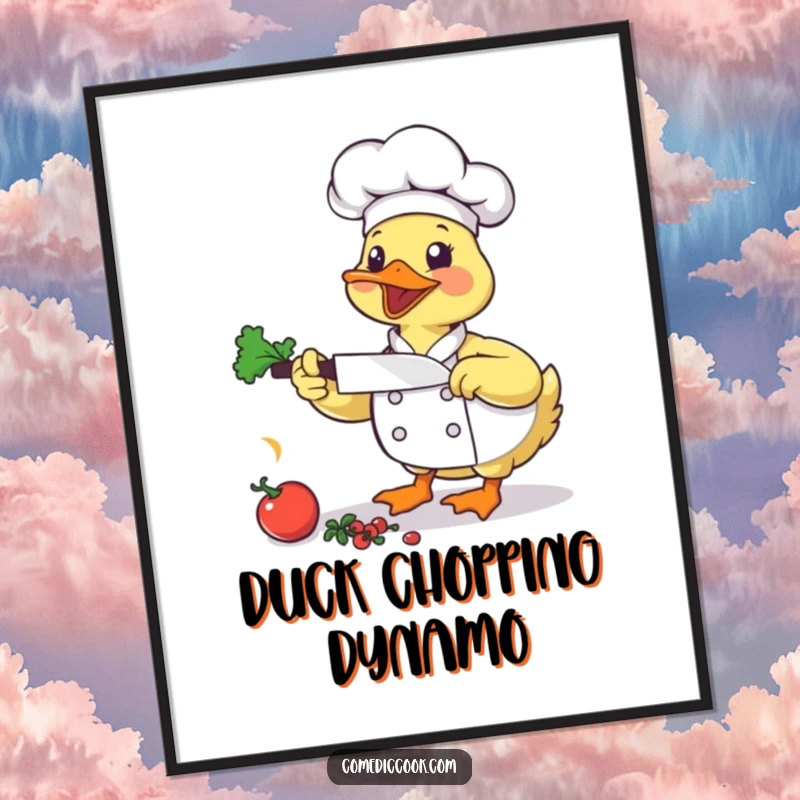 Funny Duck Chef Digital Art Print: A bouncing duck chef chops vegetables, a humorous and energetic wall art download.