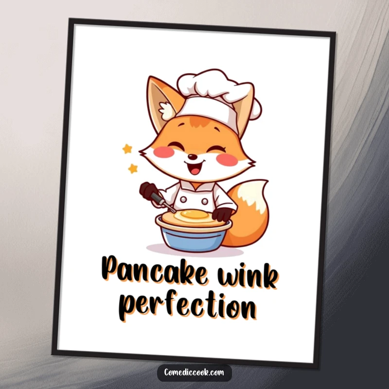Funny digital art of a cheerful fox chef winking while flipping a pancake, breakfast-themed decor.