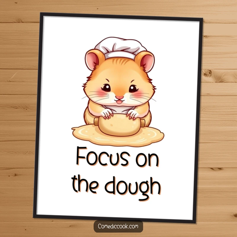 Funny hamster chef digital art print, a focused character rolling dough with tiny paws, ideal for printable wall decor with a humorous baking theme.