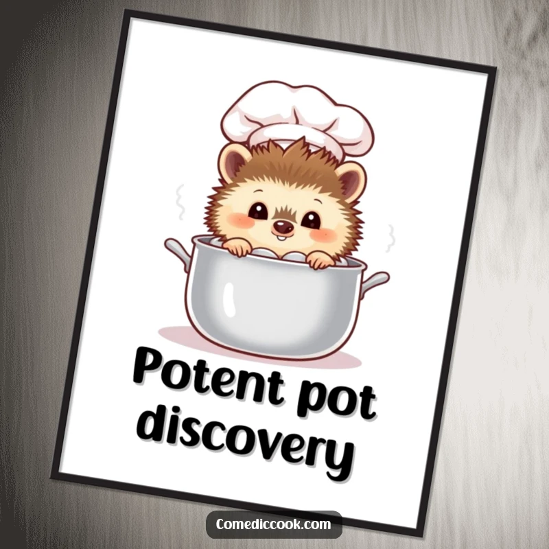 Funny curious hedgehog chef peeking into a steaming pot, offered as a humorous digital art print.