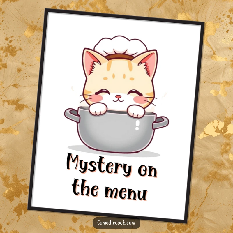 Funny Kawaii cat chef digital art print, depicting a curious cute cat peeking into a steaming pot. Easy to print and frame, great funny gift.
