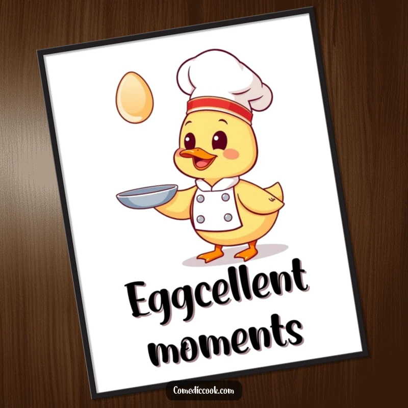 Funny Kawaii duck chef digital art print, a giggling duck chef catching a flying egg, humorous illustration for instant download.
