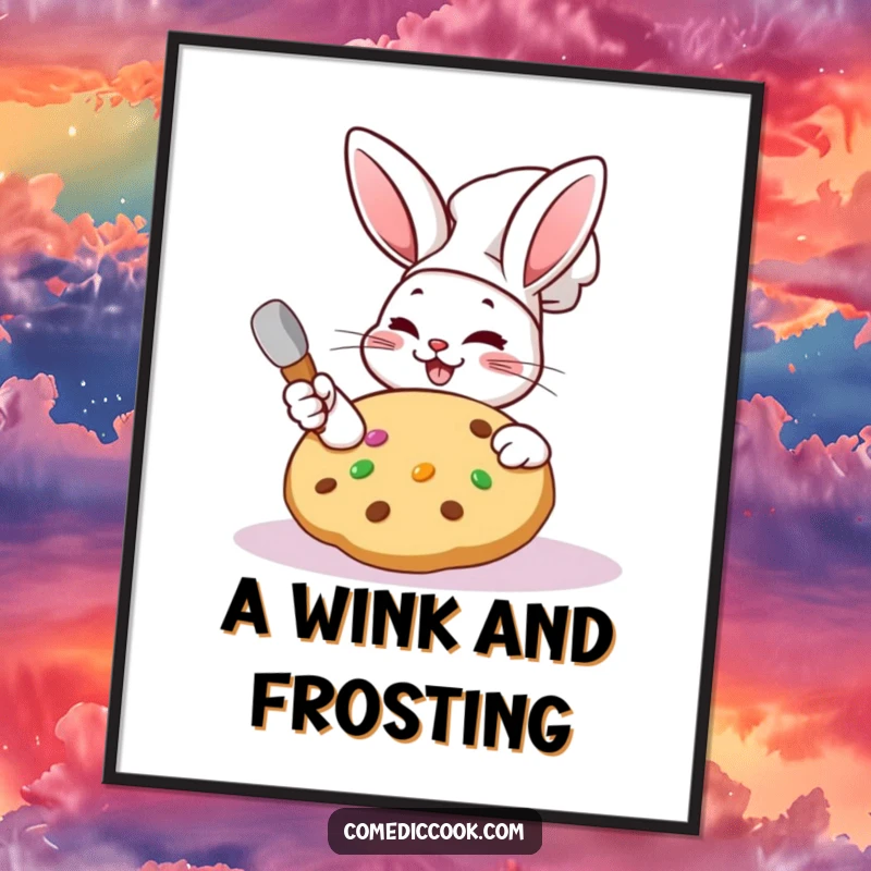 Funny Kawaii rabbit chef digital art print of a character frosting a cookie with a wink.