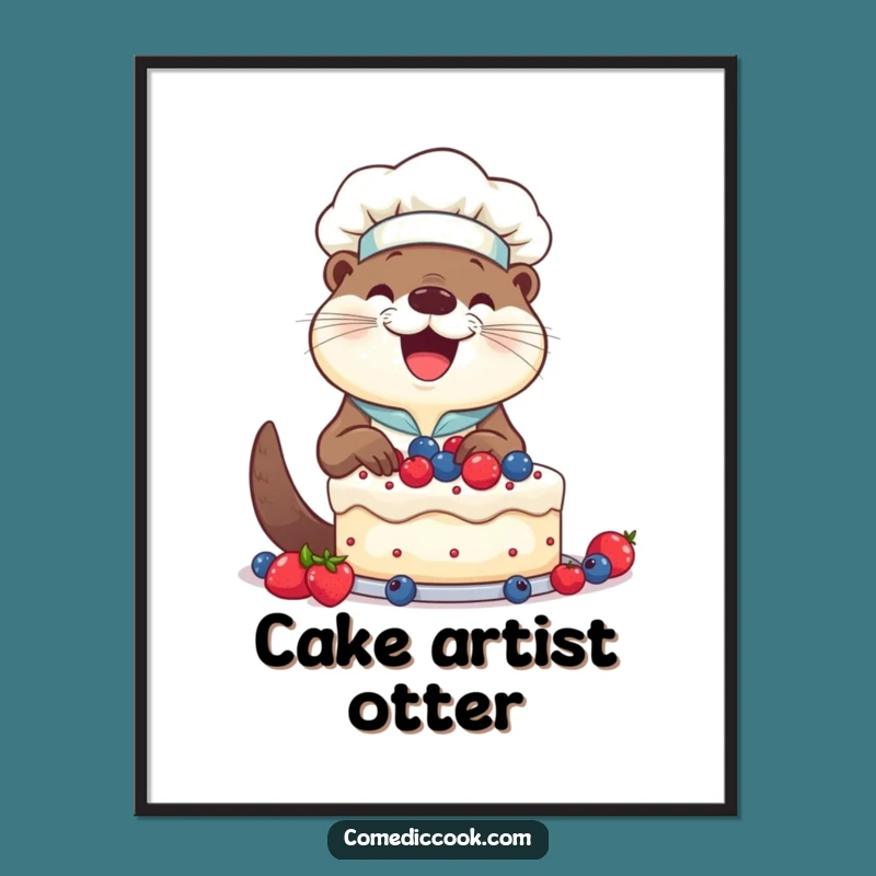 Funny Otter Chef Cake Digital Art: Sweet Kitchen Decor, Humorous Gift