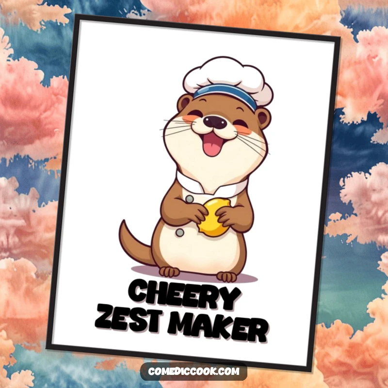 Funny otter chef digital art print, a cheerful character giggling while squeezing a lemon, ideal for printable wall decor with a humorous zesty theme.