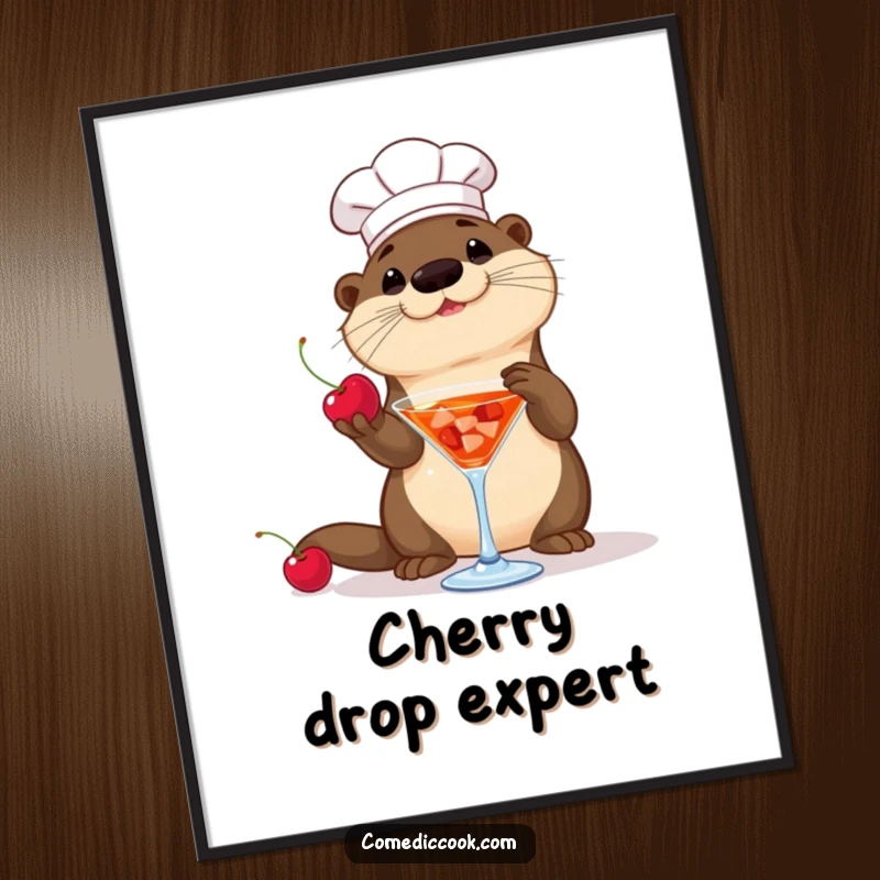 Funny Otter Chef Digital Art Print: A playful otter chef tosses a cherry into a cocktail, a humorous and charming wall art download.