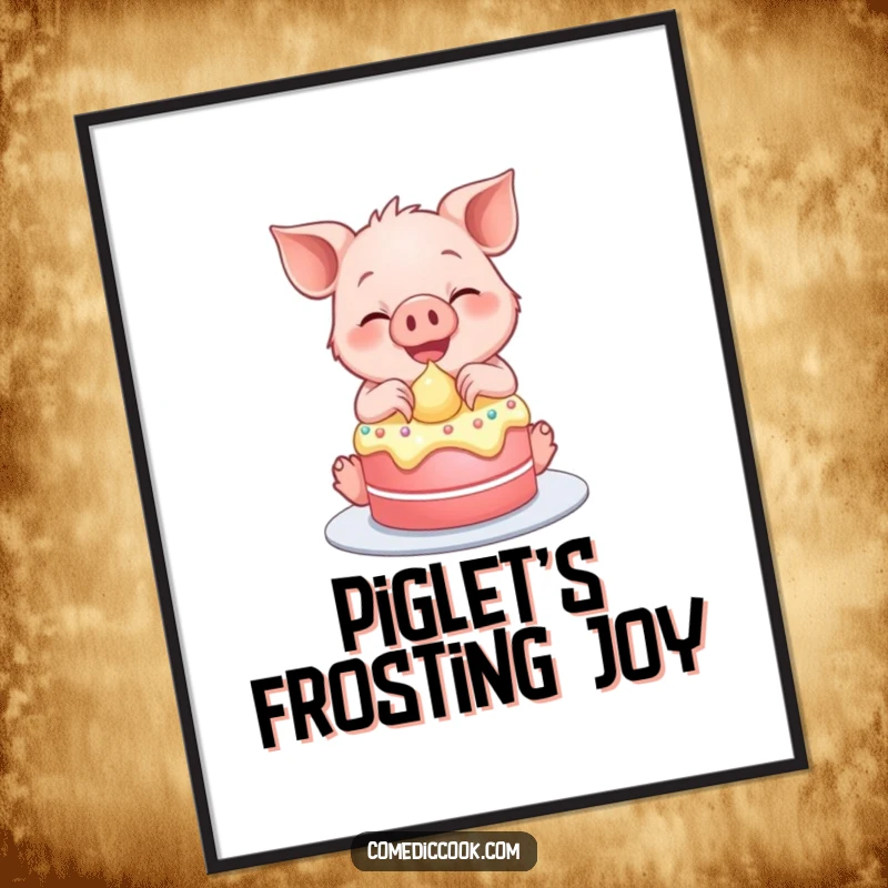 Funny digital art of a smiling piglet gleefully frosting a tiny cake, dessert-themed decor.