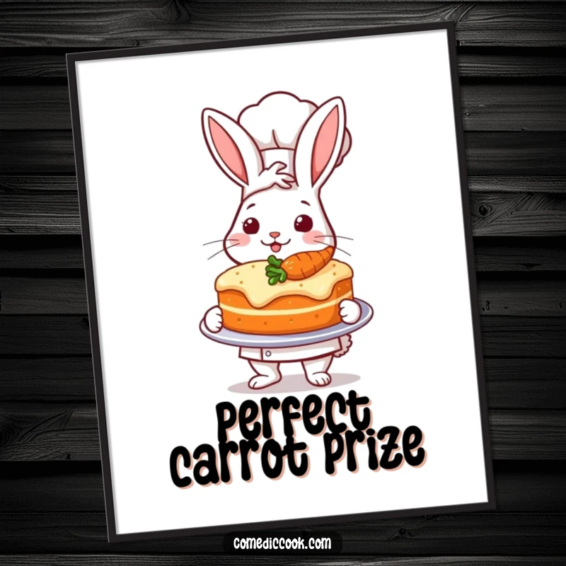 Funny digital art of a rabbit chef proudly presenting a perfectly baked carrot cake, baking theme.