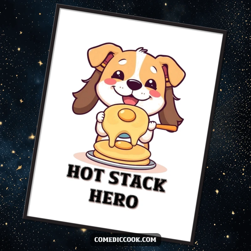 Funny digital art print of a happy dog expertly flipping a pancake, vibrant and humorous, perfect for instant wall decor and art collectors.