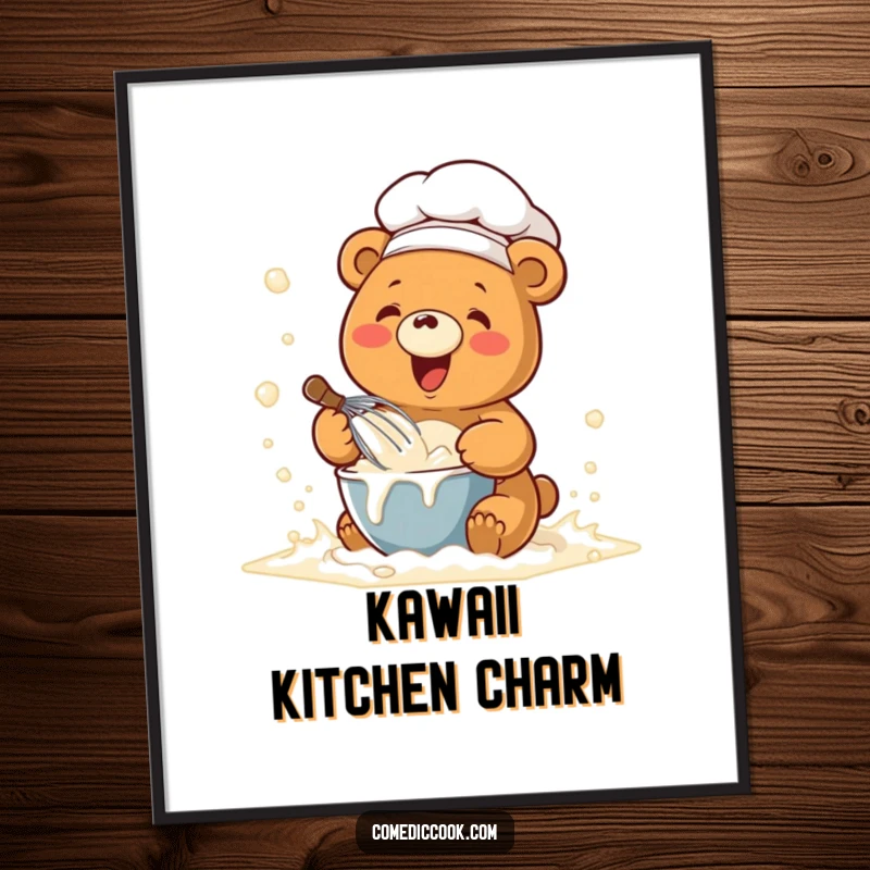 Funny digital art print of a kawaii chef bear joyfully whisking batter in a flour cloud, offering instant humorous baking decor.