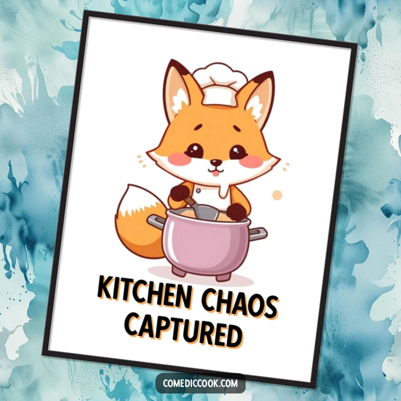 Funny Kawaii fox chef digital art print, flustered fox cooking a bubbling pot, humorous illustration for instant download decor.