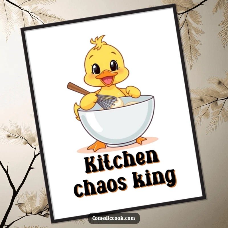 Funny duckling enthusiastically whisking batter, digital art print, cheerful baker illustration, funny gift.