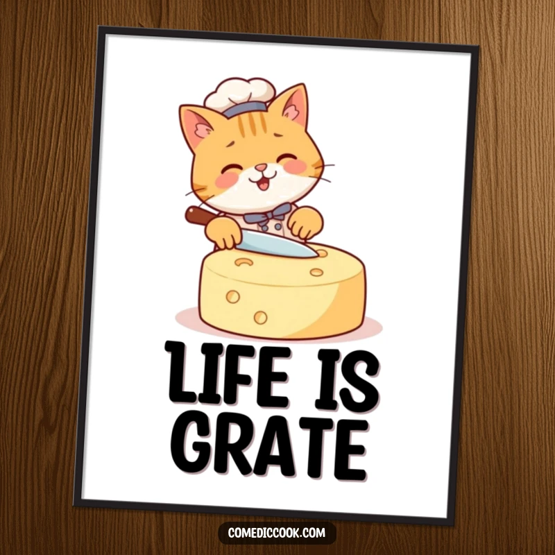 Funny Cat Chef Digital Art Print of a happy cat slicing a giant cheese wheel, offering instant playful and humorous wall decor.