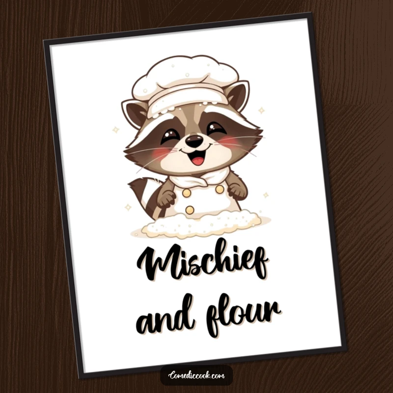 Funny Raccoon Chef Digital Art: High-resolution artwork of a mischievous raccoon chef covered in flour, laughing uncontrollably.