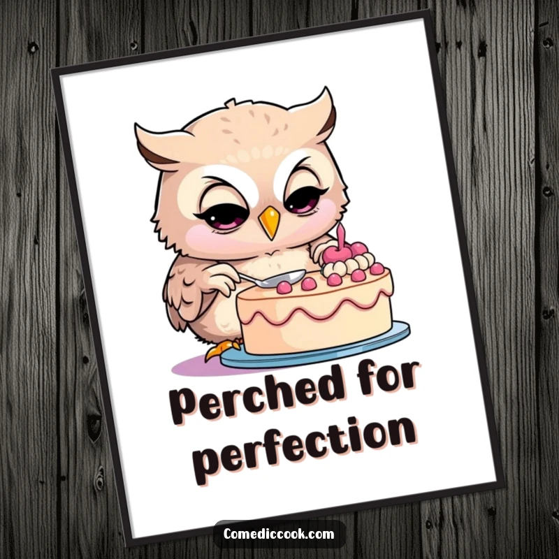 Funny owl digital art print of a smiling owl baker intensely decorating a cake, perfect for instant wall decor.